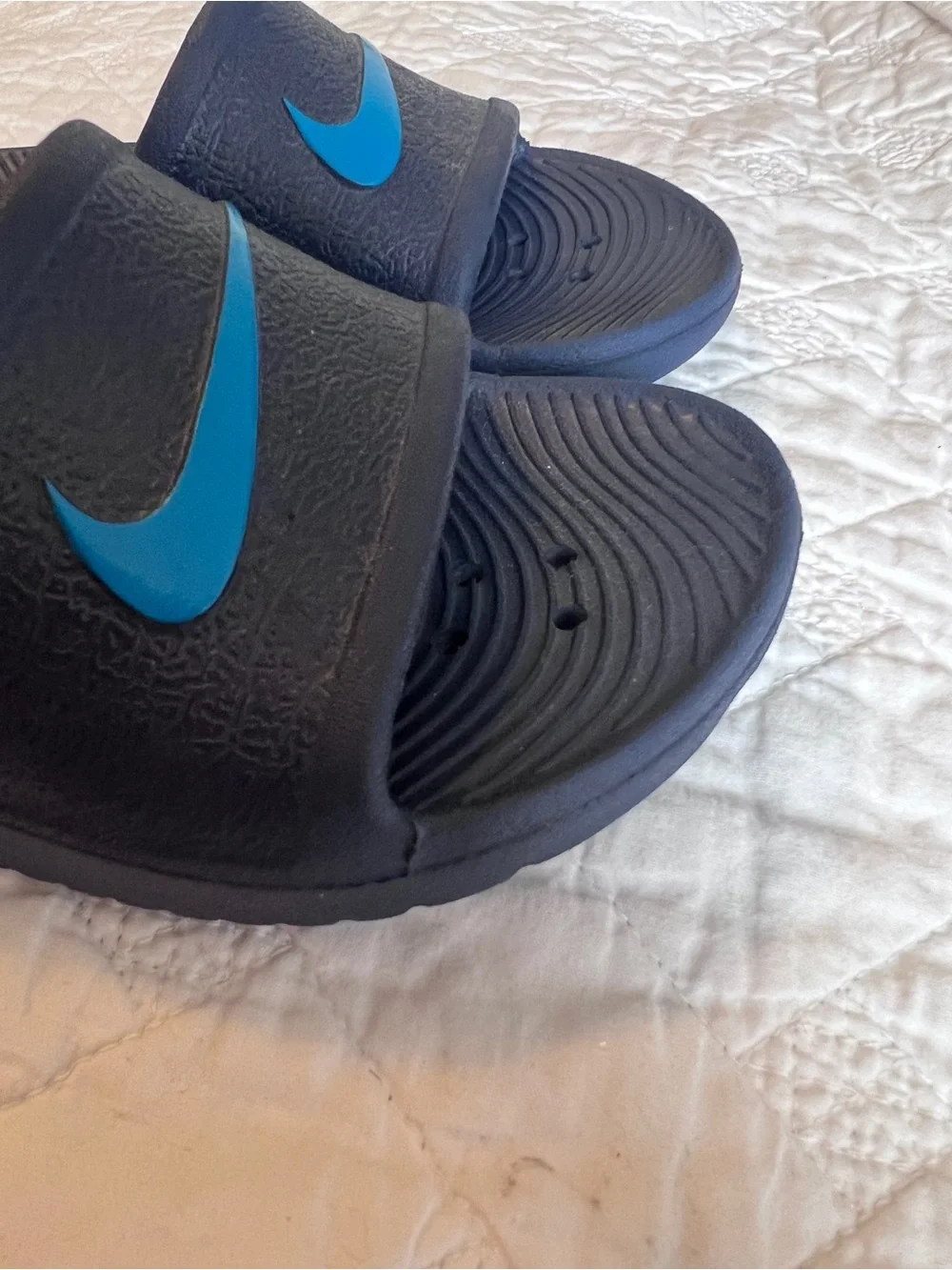 Nike Dark Blue Slide Sandals with Light Blue Swoosh